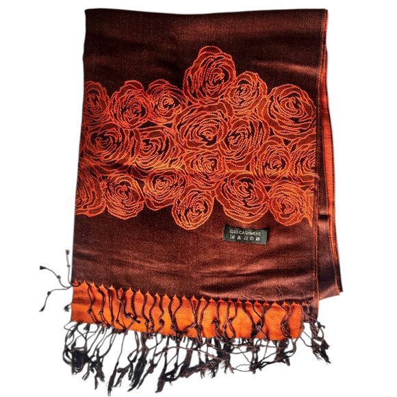 100% Cashmere Rox Scarf With Rose Pattern 27"x71" &  3" Fringe Orange Brown - Picture 1 of 10